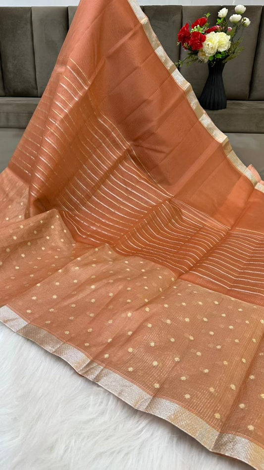 Pure Organza Silk Zari Buti Zari Lines Design Saree