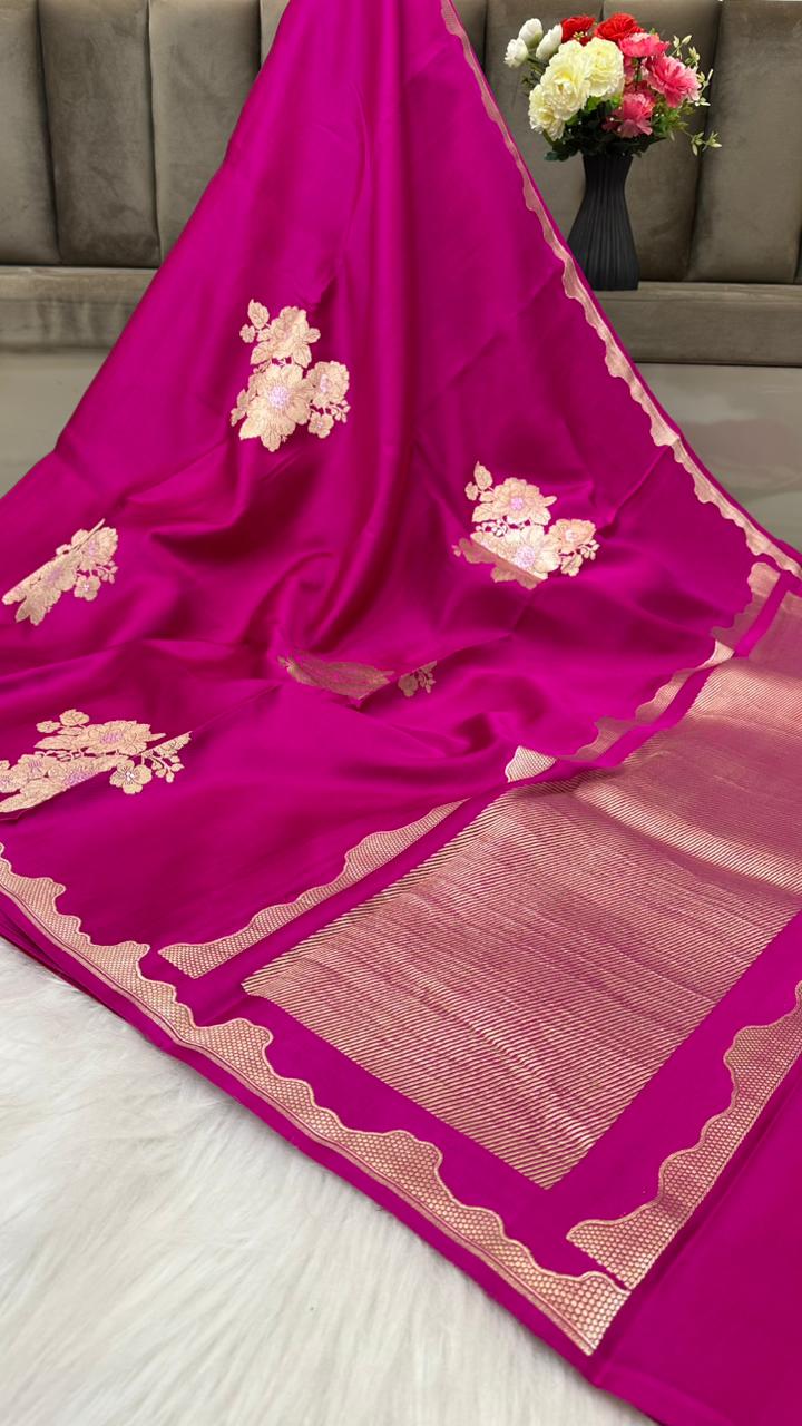 Pure Handloom Kaduwa Banarasi Mashru Silk Zari Border Boota Saree