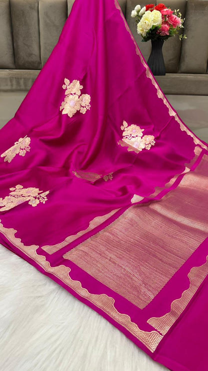 Pure Handloom Kaduwa Banarasi Mashru Silk Zari Border Boota Saree