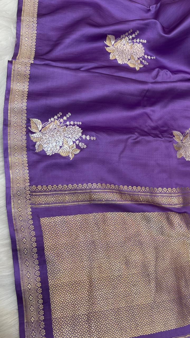 Pure Handloom Kaduwa Banarasi Mashru Silk Zari Border Boota Saree