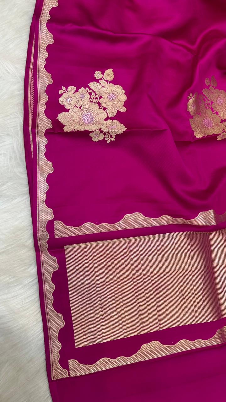 Pure Handloom Kaduwa Banarasi Mashru Silk Zari Border Boota Saree