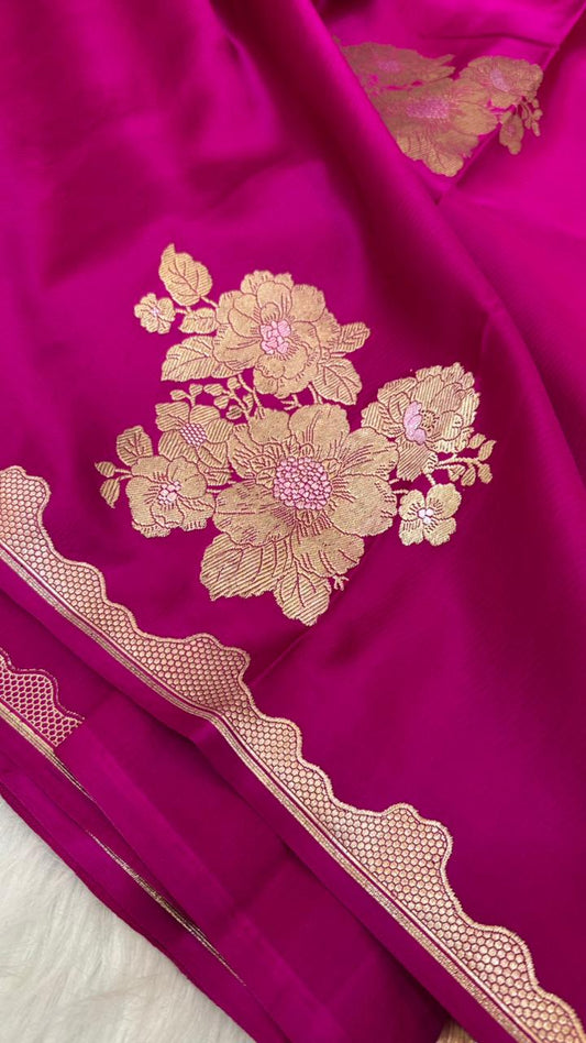 Pure Handloom Kaduwa Banarasi Mashru Silk Zari Border Boota Saree