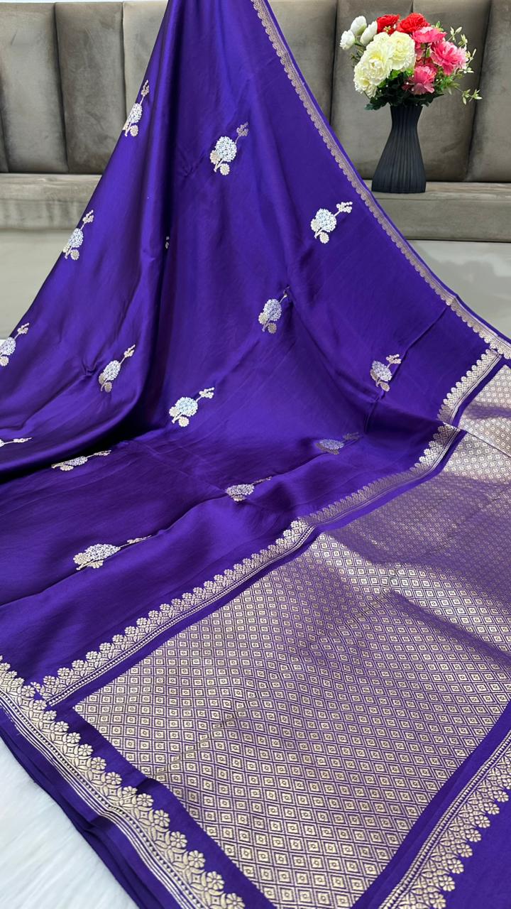 Pure Handloom Kaduwa Banarasi Mashru Silk Zari Border Boota Saree