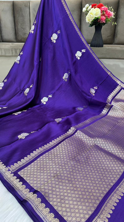 Pure Handloom Kaduwa Banarasi Mashru Silk Zari Border Boota Saree