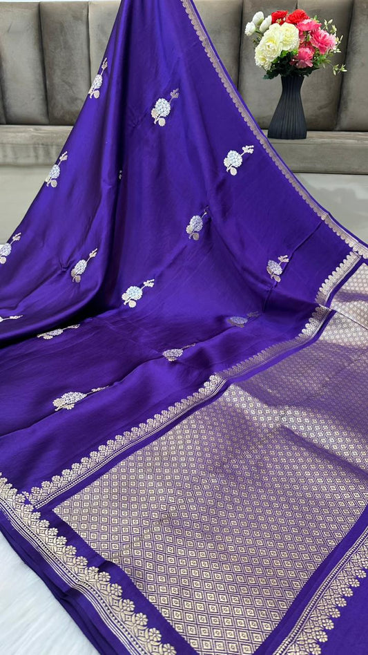 Pure Handloom Kaduwa Banarasi Mashru Silk Zari Border Boota Saree
