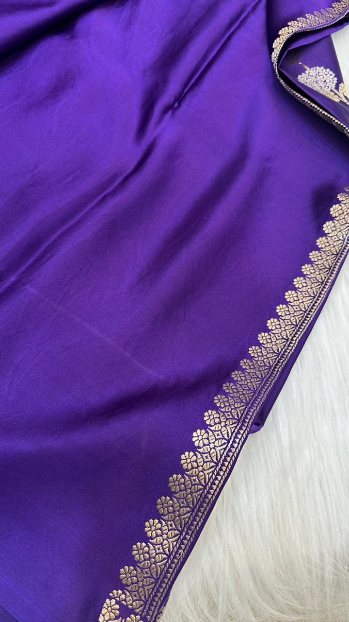 Pure Handloom Kaduwa Banarasi Mashru Silk Zari Border Boota Saree