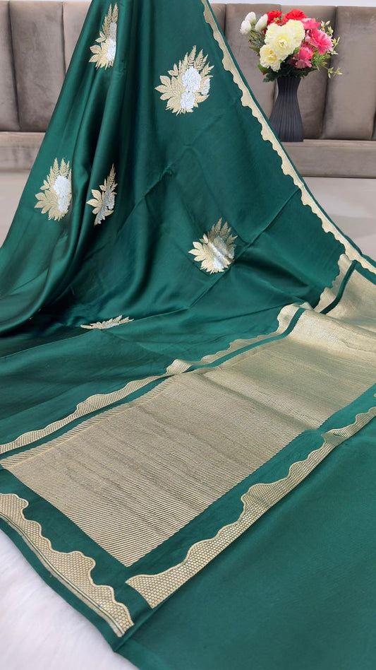 Pure Handloom Kaduwa Banarasi Mashru Silk Zari Border Boota Saree