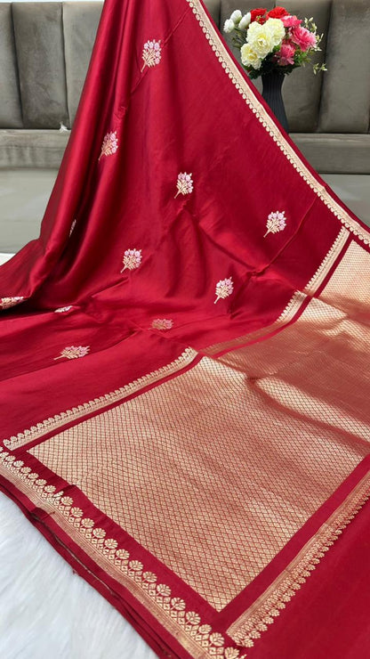 Pure Handloom Kaduwa Banarasi Mashru Silk Zari Border Boota Saree