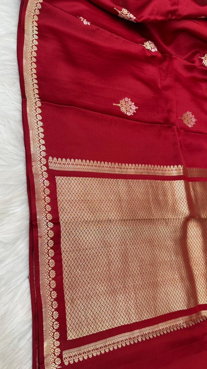 Pure Handloom Kaduwa Banarasi Mashru Silk Zari Border Boota Saree