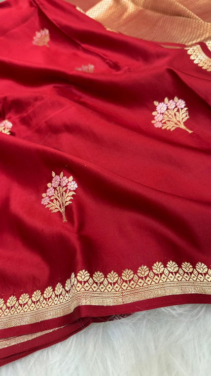 Pure Handloom Kaduwa Banarasi Mashru Silk Zari Border Boota Saree