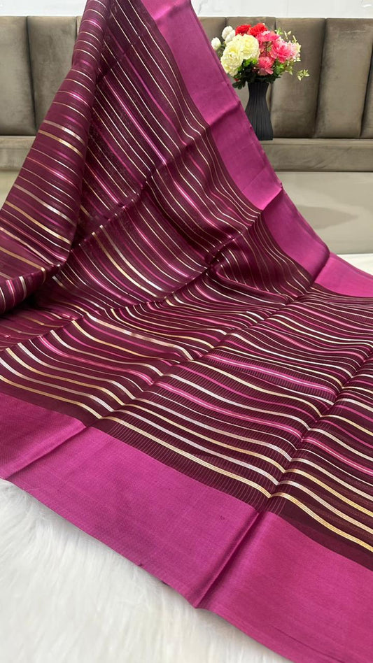 Pure Organza Silk Zari Lines Mashru Border Saree with Chiniya Silk Blouse