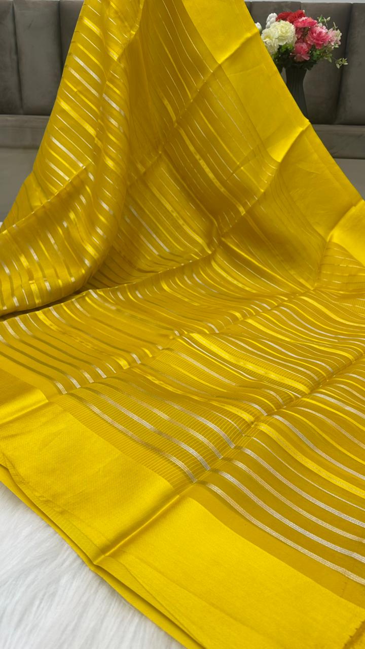 Pure Organza Silk Zari Lines Mashru Border Saree with Chiniya Silk Blouse