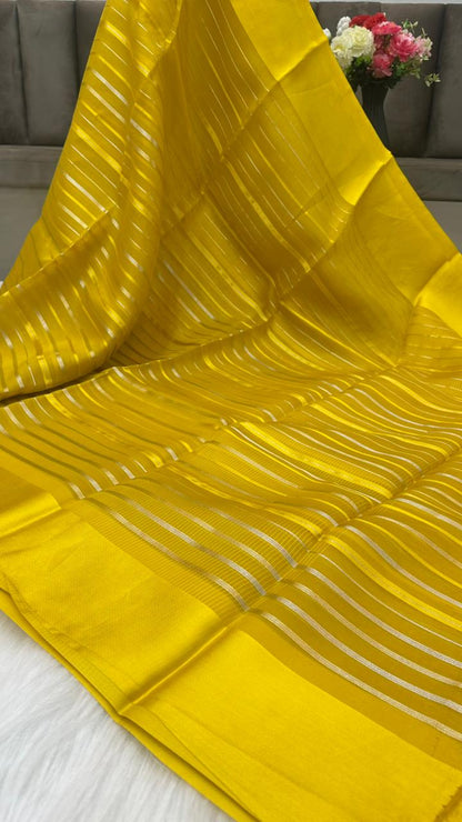 Pure Organza Silk Zari Lines Mashru Border Saree with Chiniya Silk Blouse