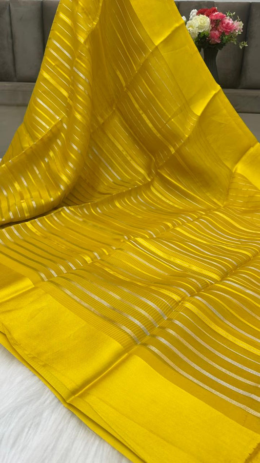 Pure Organza Silk Zari Lines Mashru Border Saree with Chiniya Silk Blouse