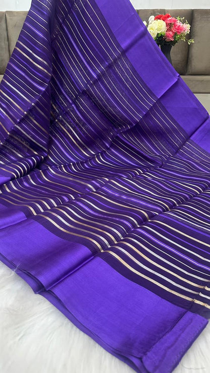 Pure Organza Silk Zari Lines Mashru Border Saree with Chiniya Silk Blouse