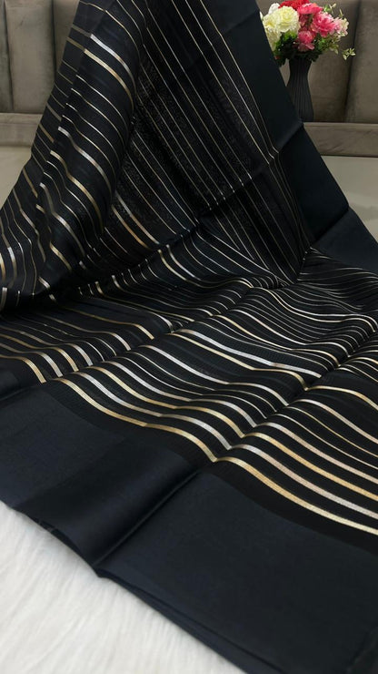 Pure Organza Silk Zari Lines Mashru Border Saree with Chiniya Silk Blouse