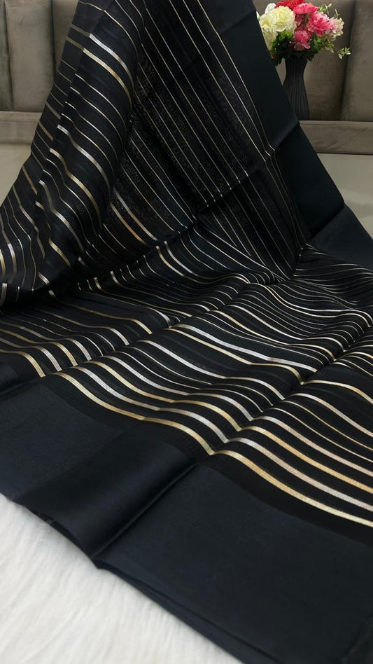 Pure Organza Silk Zari Lines Mashru Border Saree with Chiniya Silk Blouse