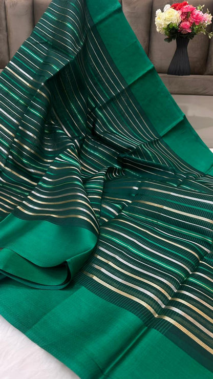 Pure Organza Silk Zari Lines Mashru Border Saree with Chiniya Silk Blouse