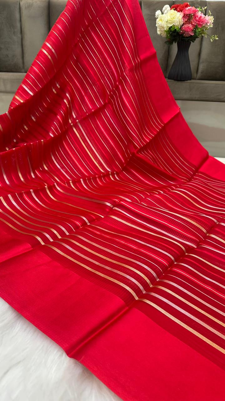 Pure Organza Silk Zari Lines Mashru Border Saree with Chiniya Silk Blouse