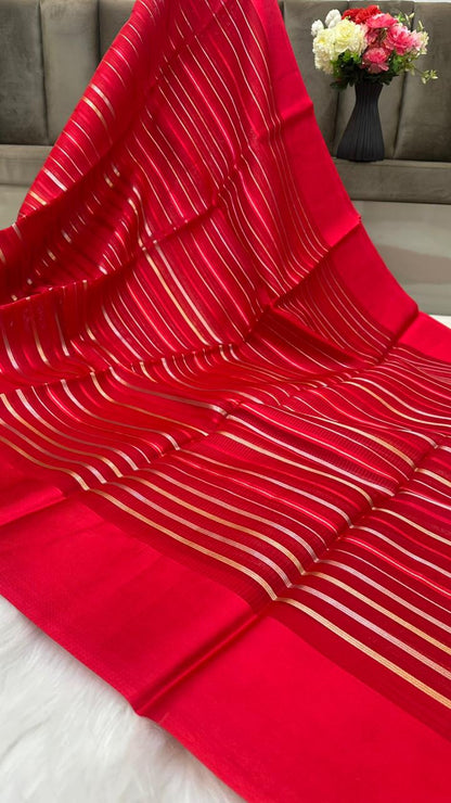 Pure Organza Silk Zari Lines Mashru Border Saree with Chiniya Silk Blouse