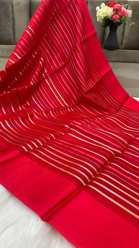 Pure Organza Silk Zari Lines Mashru Border Saree with Chiniya Silk Blouse