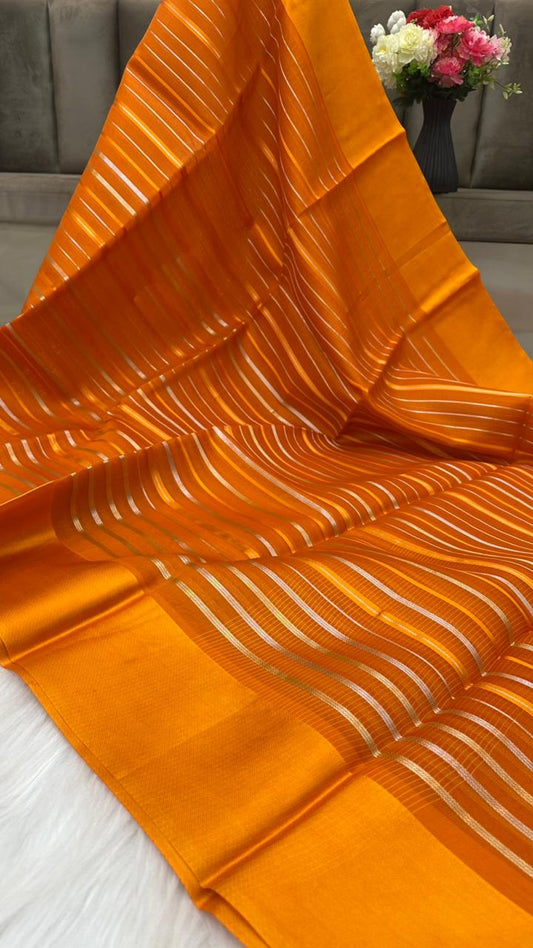 Pure Organza Silk Zari Lines Mashru Border Saree with Chiniya Silk Blouse