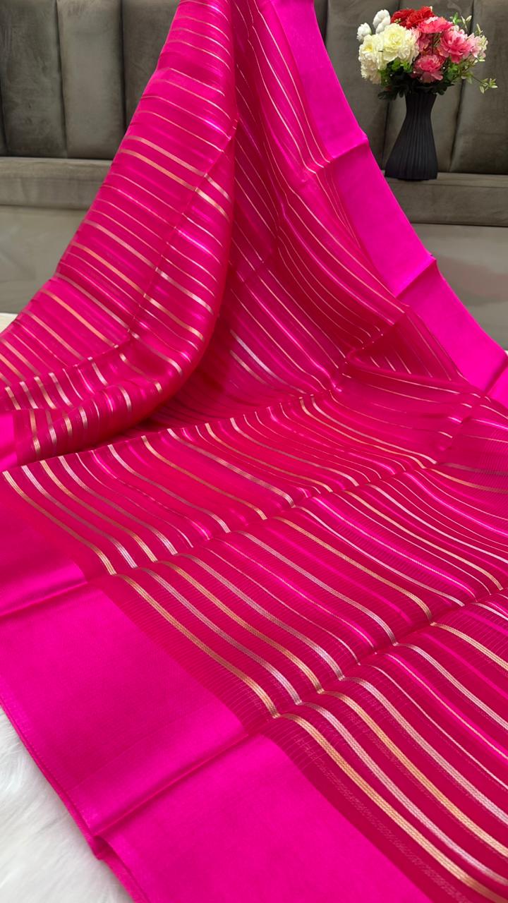 Pure Organza Silk Zari Lines Mashru Border Saree with Chiniya Silk Blouse