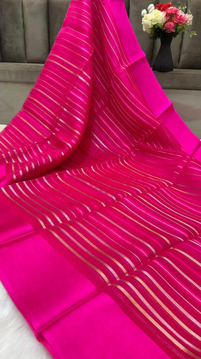 Pure Organza Silk Zari Lines Mashru Border Saree with Chiniya Silk Blouse