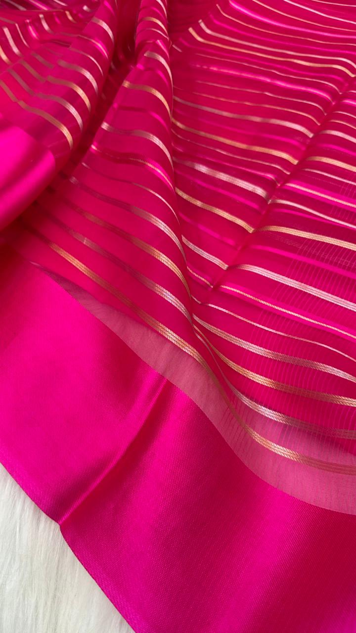 Pure Organza Silk Zari Lines Mashru Border Saree with Chiniya Silk Blouse