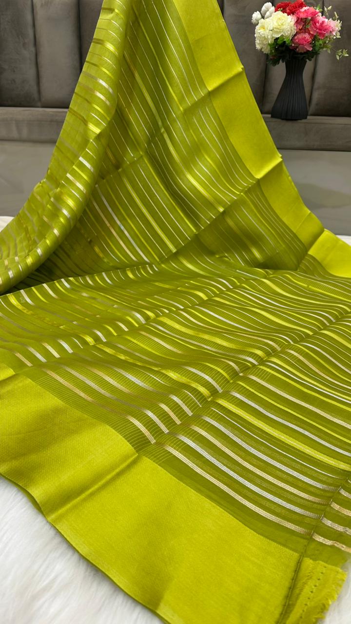 Pure Organza Silk Zari Lines Mashru Border Saree with Chiniya Silk Blouse