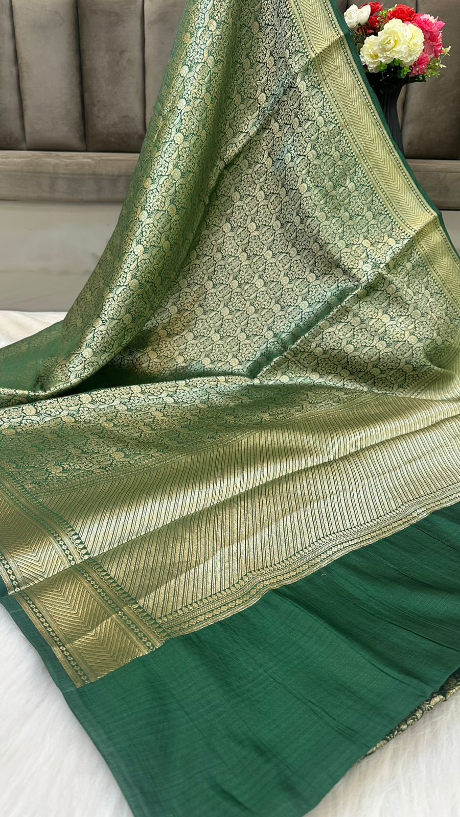 Bottle Green Pure Raw Mango Silk Zari Brocade Design Saree
