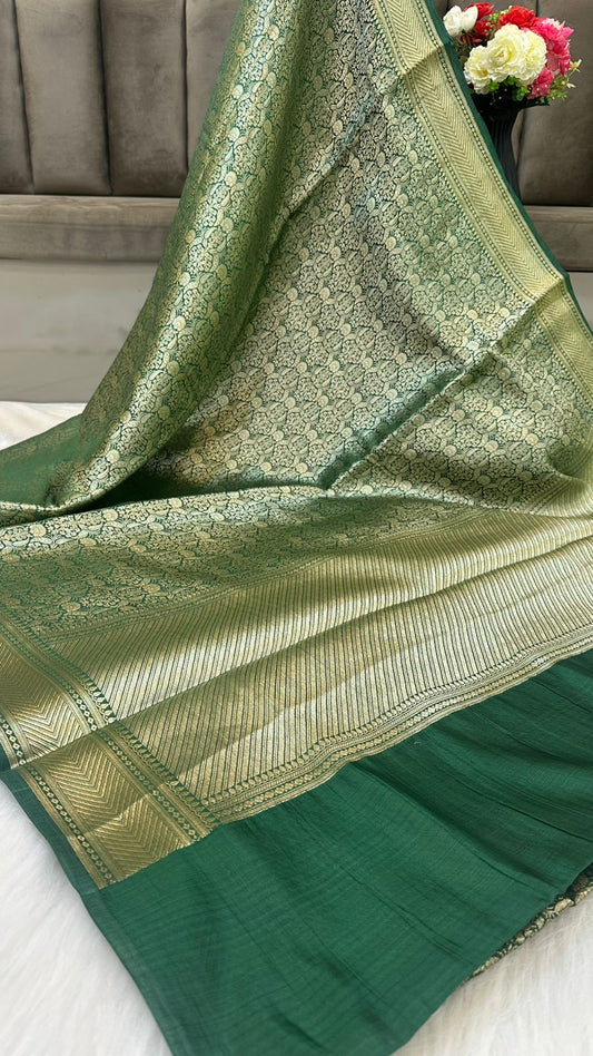 Bottle Green Pure Raw Mango Silk Zari Brocade Design Saree