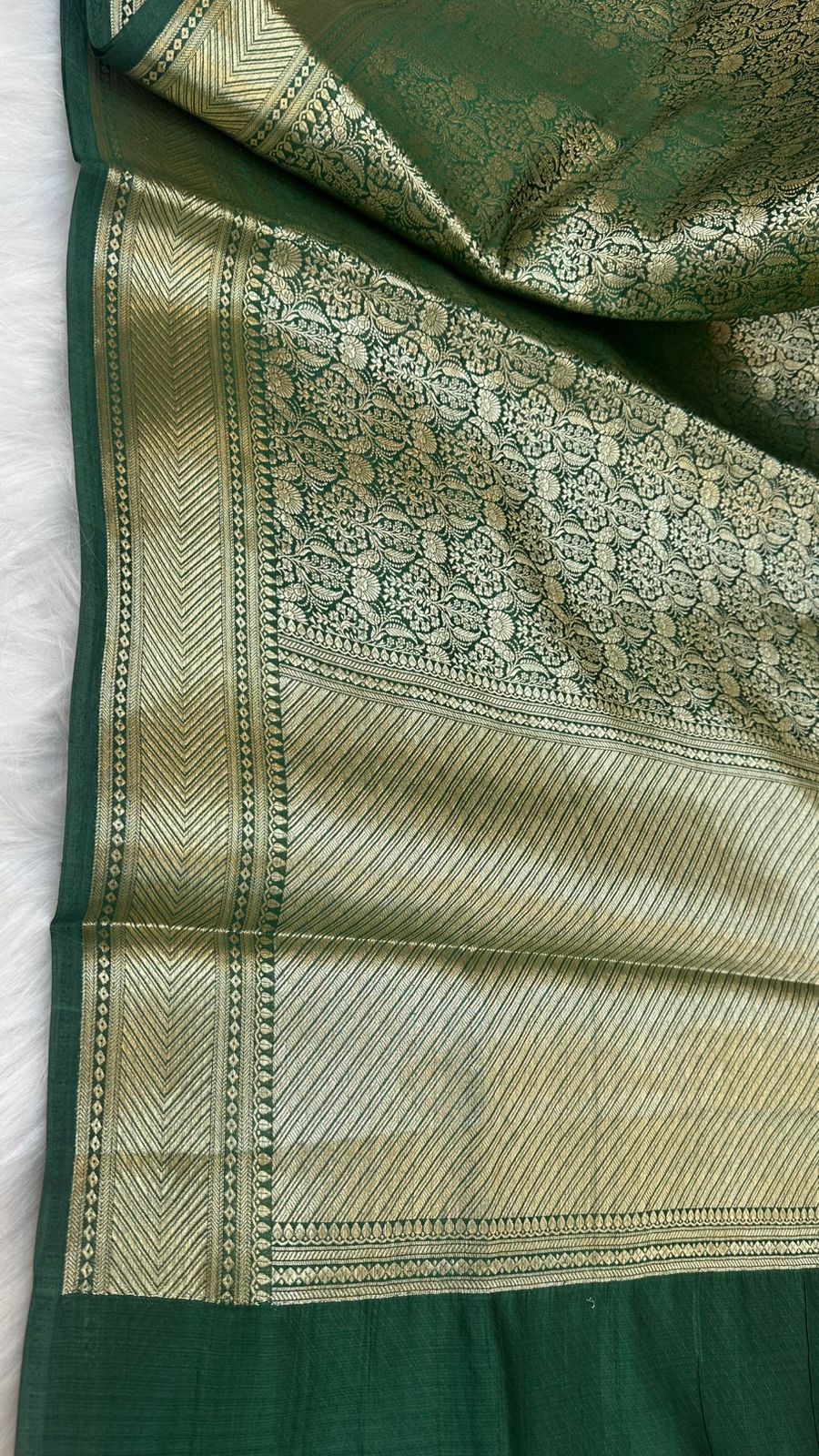 Bottle Green Pure Raw Mango Silk Zari Brocade Design Saree