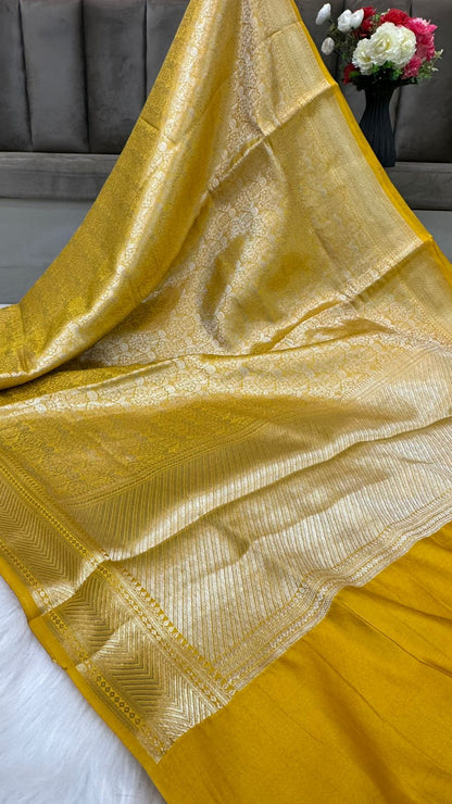 Yellow Pure Raw Mango Silk Zari Brocade Design Saree