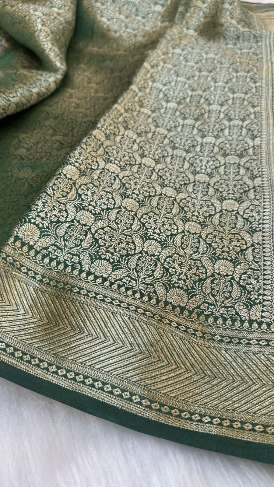 Bottle Green Pure Raw Mango Silk Zari Brocade Design Saree