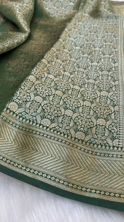 Bottle Green Pure Raw Mango Silk Zari Brocade Design Saree