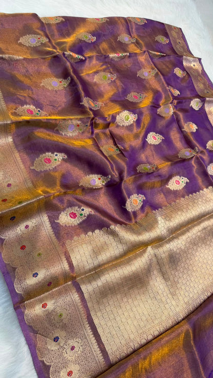 Pure Banarasi Katan Tissue Silk Mina Buta Zari Mina Border Saree