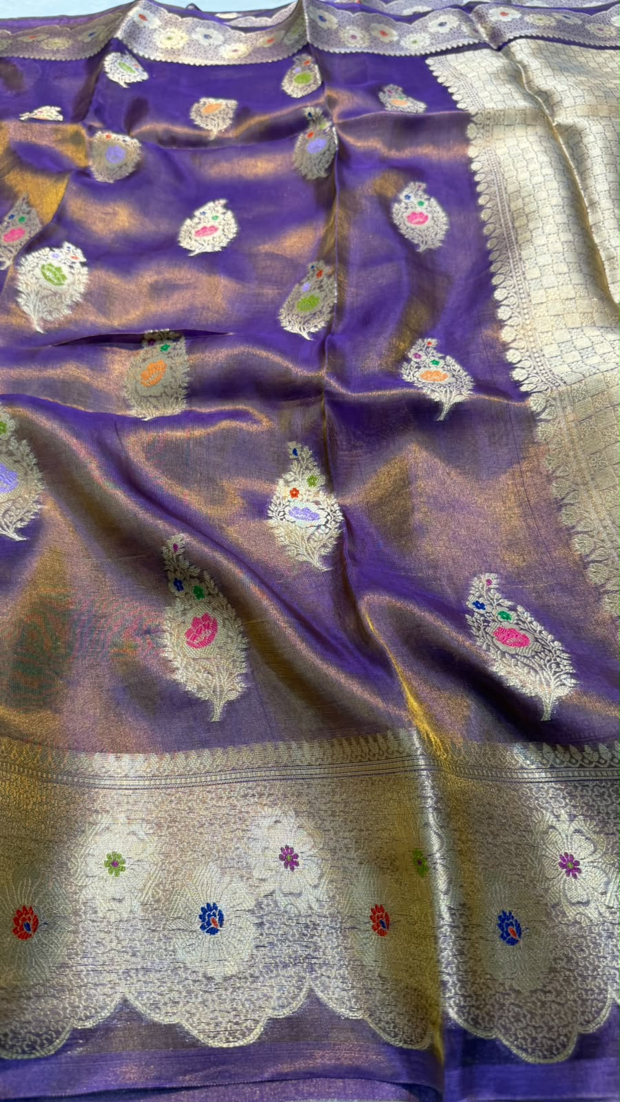 Pure Banarasi Katan Tissue Silk Mina Buta Zari Mina Border Saree
