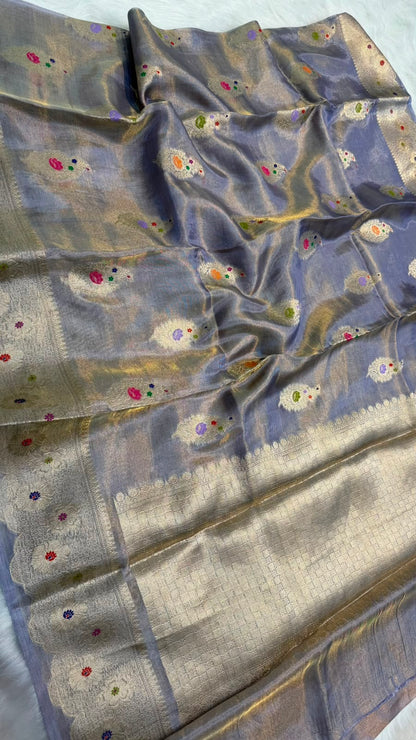 Pure Banarasi Katan Tissue Silk Mina Buta Zari Mina Border Saree