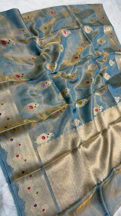Pure Banarasi Katan Tissue Silk Mina Buta Zari Mina Border Saree