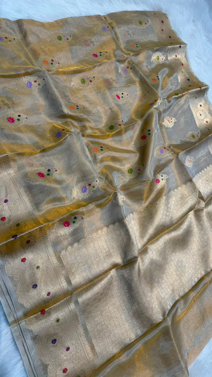 Pure Banarasi Katan Tissue Silk Mina Buta Zari Mina Border Saree