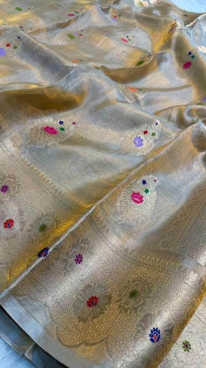 Pure Banarasi Katan Tissue Silk Mina Buta Zari Mina Border Saree