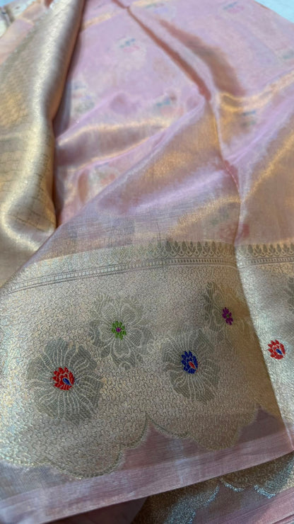 Pure Banarasi Katan Tissue Silk Mina Buta Zari Mina Border Saree