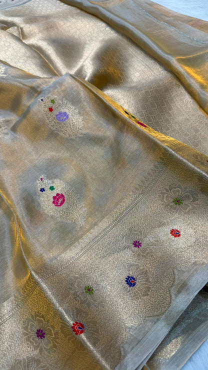 Pure Banarasi Katan Tissue Silk Mina Buta Zari Mina Border Saree