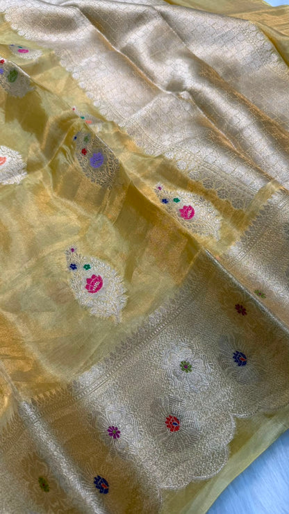 Pure Banarasi Katan Tissue Silk Mina Buta Zari Mina Border Saree