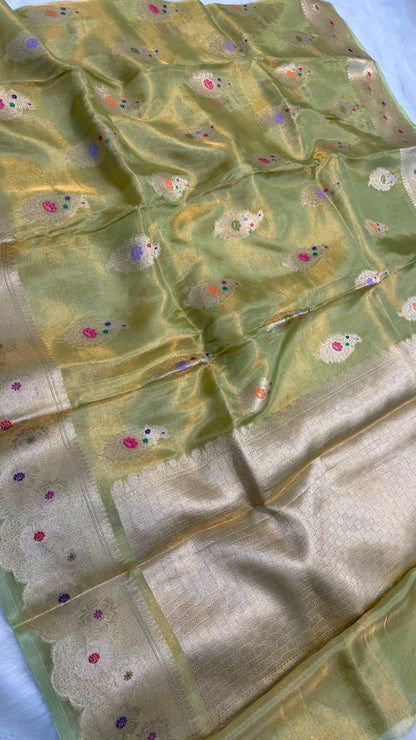 Pure Banarasi Katan Tissue Silk Mina Buta Zari Mina Border Saree