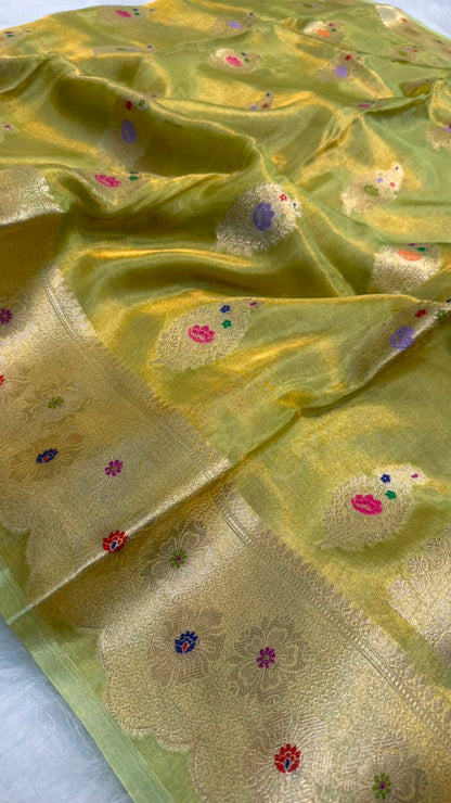 Pure Banarasi Katan Tissue Silk Mina Buta Zari Mina Border Saree