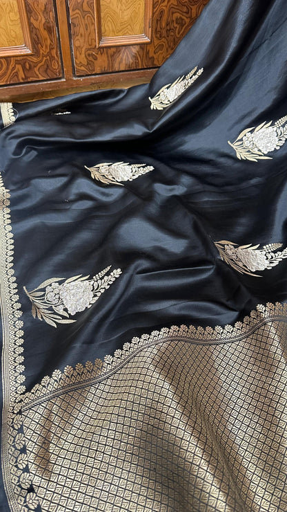 Premium black pure handloom banarasi kadhua silk sari
