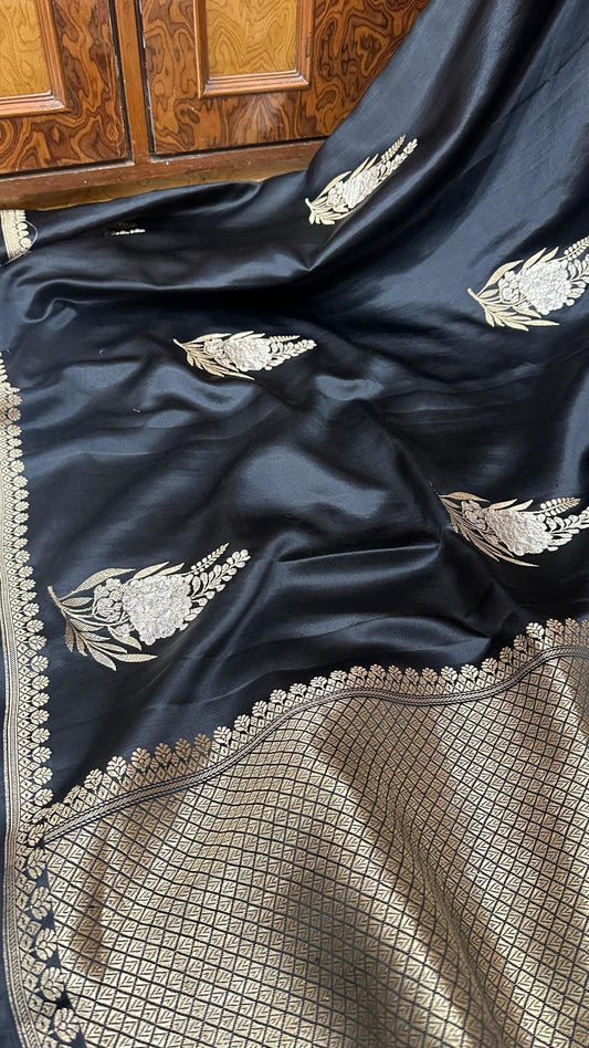 Premium black pure handloom banarasi kadhua silk sari