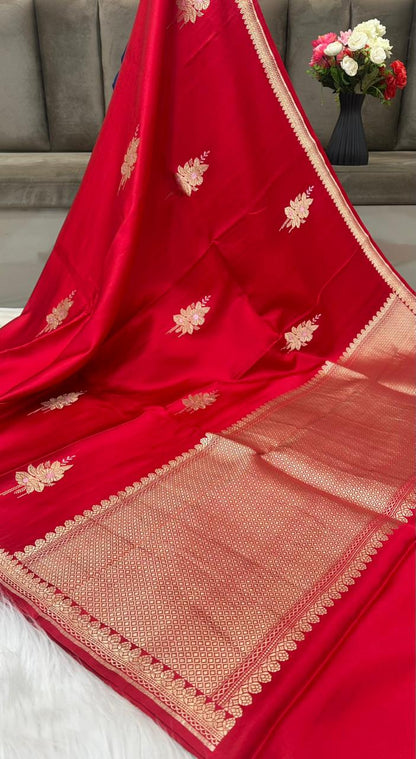 Pure Handloom Mashru Silk Zari Border Boota Banarasi Saree